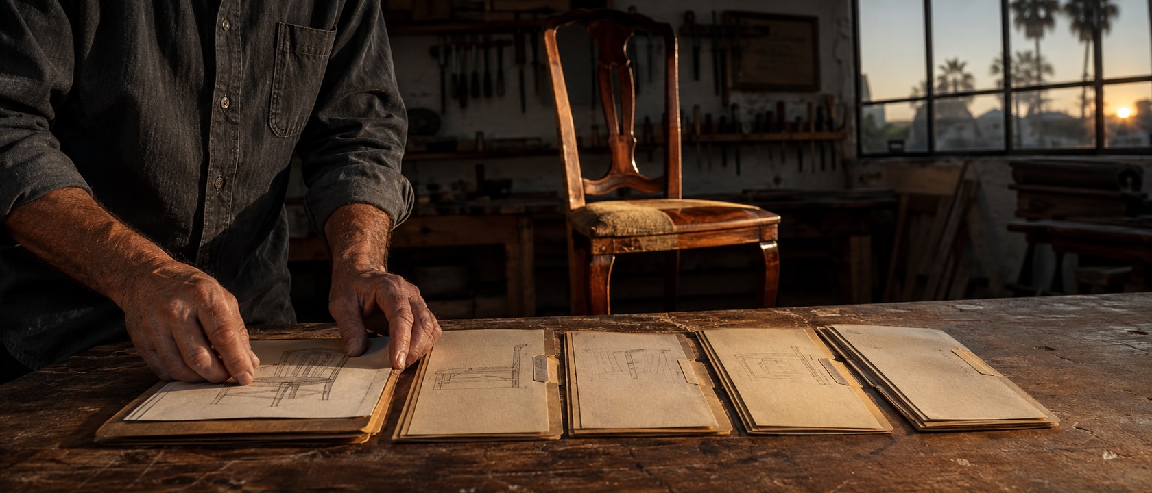 A furniture restorer arranges five project folders on a sunlit workbench, with an unfinished wooden chair behind.
