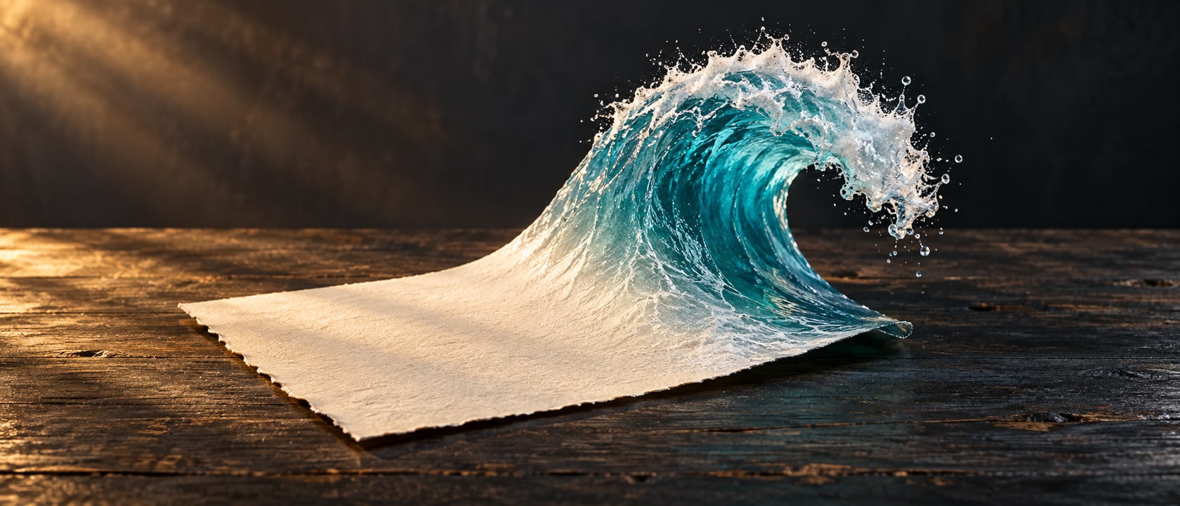 An ivory sheet of paper transforms into a turquoise ocean wave on a wooden studio desk in warm cinematic light.