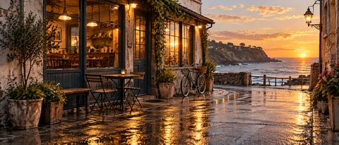 The coastal café and bicycle in golden sunrise light reflected on wet pavement.