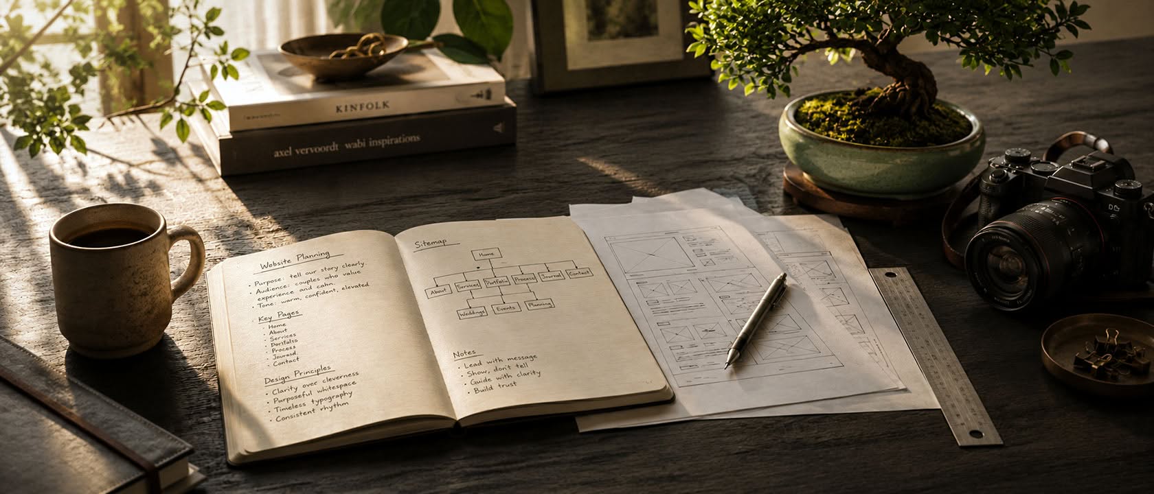 Handwritten website planning notes and a hand-drawn sitemap in an open notebook, beside printed wireframe sketches, a pen, and a ruler on a sunlit wooden desk.