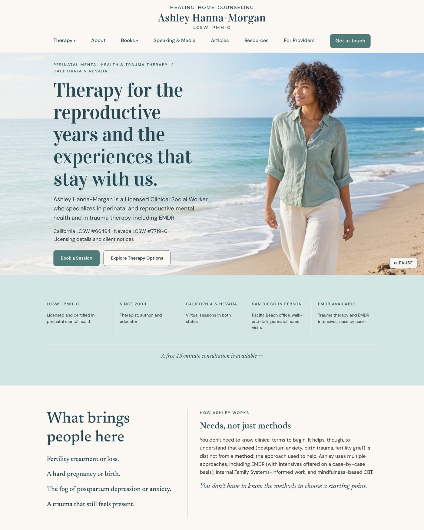 Homepage of the Healing Home Counseling website, showing the headline Therapy for the reproductive years and the experiences that stay with us beside a photo of Ashley Hanna-Morgan on the beach.